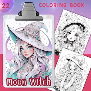 MOON WITCH, 22 Coloring Pages, Coloring book for adults and kids, 8.5x11 and A4 Size, Printable PDF, Grayscale coloring