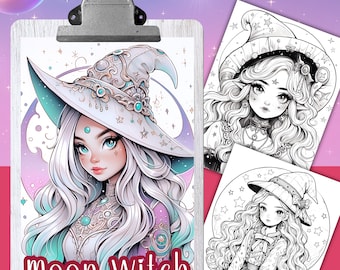 May include: A coloring book page featuring a witch with long white hair wearing a blue and white hat with stars and a crescent moon. The text "Moon Witch" is at the bottom of the page.
