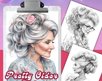 Pretty OLDER LADY, 25 Páginas para colorear, Libro para colorear para adultos, hojas para colorear en escala de grises, Tamaño 8.5x11 y A4, PDF, Descarga instantánea