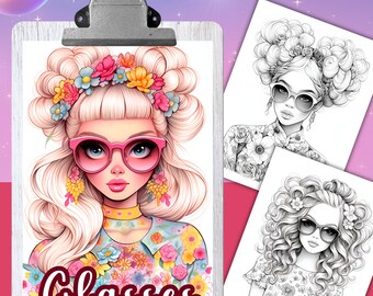 May include: A coloring book page featuring a girl with pink glasses, a floral headband, and a floral patterned shirt. The text "Glasses" is at the bottom of the page. The page is part of a coloring book with the title "Coloring Book" at the top.