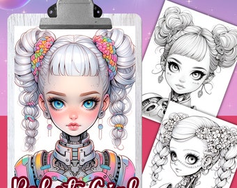 ROBOT GIRLS kleurboek, 30 kleurpagina's voor volwassenen en kinderen, kleurplaten, 8,5x11 en A4-formaat, PDF, Instant Download