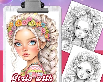 GIRLS with FLOWERS Coloring Pages, 26 Coloring book for adults and kids, grayscale coloring sheets, 8.5x11 Size, PDF, Instant Download