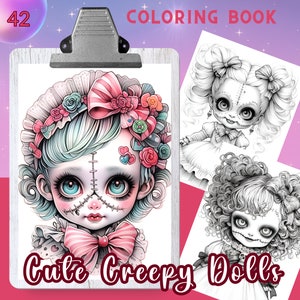 Lindo libro para colorear CREEPY DOLLS, 42 páginas para colorear para adultos y niños, hojas para colorear en escala de grises, tamaño 8.5x11 y A4, PDF, descarga instantánea