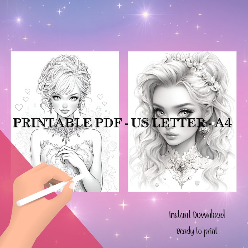 Puede incluir: Dos p&aacute;ginas para colorear en PDF imprimibles con ilustraciones detalladas de mujeres elegantes. La imagen de la izquierda muestra a una mujer con un vestido, y la de la derecha a una mujer con detalles florales. El texto incluye "PRINTABLE PDF - US LETTER - A4" y "Instant Download Ready to print."