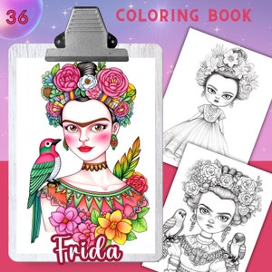Coloring Book, FRIDA, 36 Coloring pages for adults and kids, coloring sheets, 8.5x11 Size, PDF, Mexican painter, Instant Download