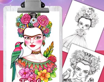 Coloring Book, FRIDA, 36 Coloring pages for adults and kids, coloring sheets, 8.5x11 Size, PDF, Mexican painter, Instant Download