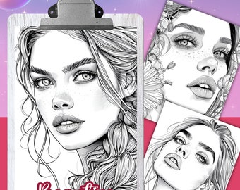 20 Coloring Pages, BEAUTIES Part-1, Coloring book for adults, Pretty Ladies, grayscale coloring sheets, 8.5x11 Size, PDF, Instant Download