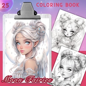 MOON FAIRIES - 25 Coloring Pages, Coloring book for adults and kids, grayscale coloring sheets, 8.5x11 and A4 Size, PDF