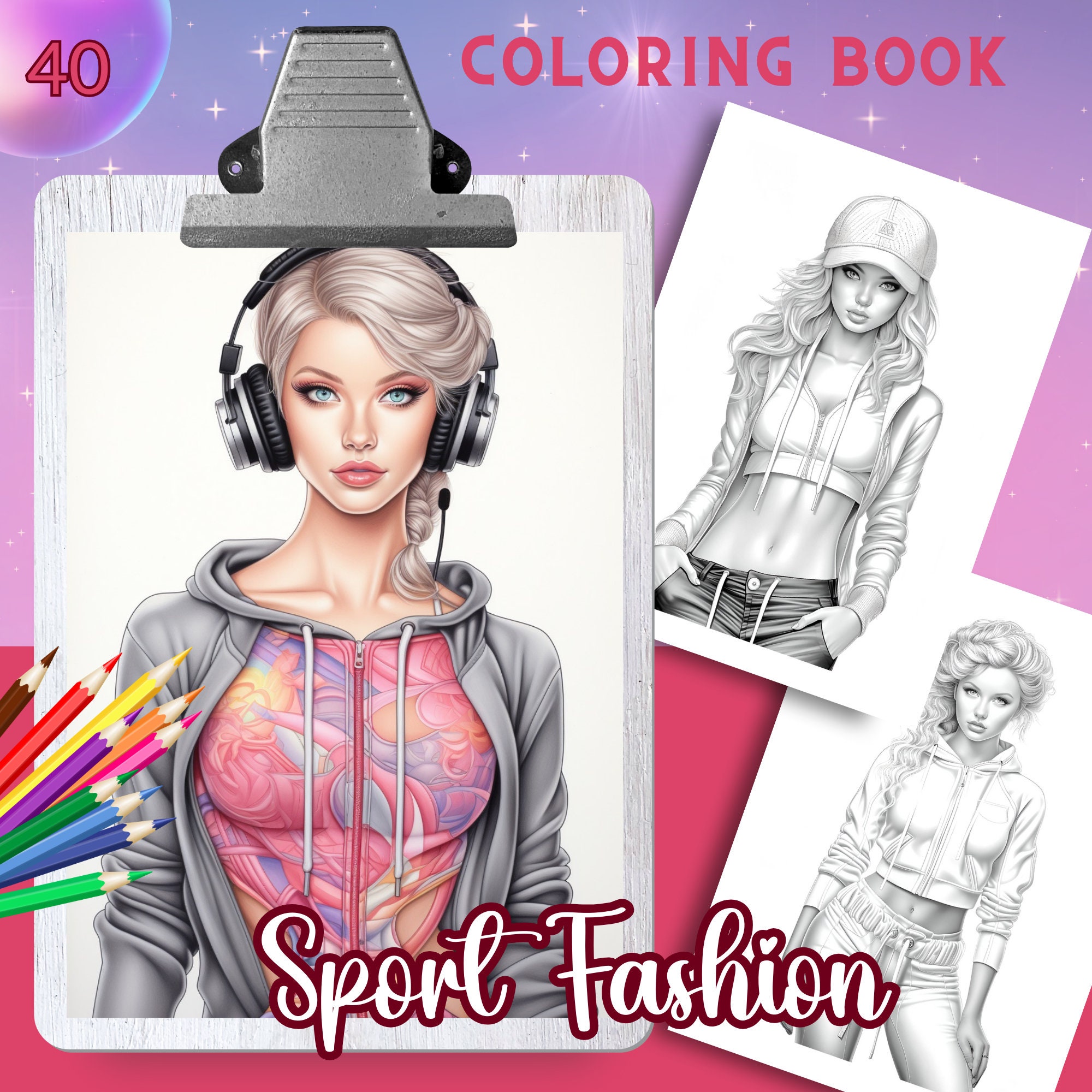 Sport Fashion, 40 Coloring Pages, Coloring Book for Adults, Grayscale ...