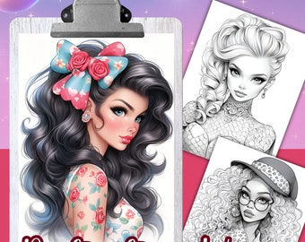PORTRAITS of WOMEN - 43 Coloring Pages, Coloring book for adults, grayscale coloring sheets, 8.5x11 and A4 Size, PDF, Instant Download