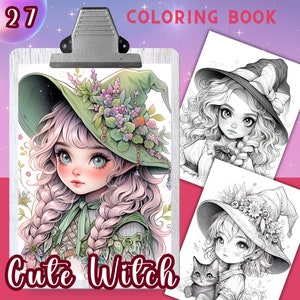 CUTE WITCH, 27 Coloring Pages, Coloring book for adults and kids, 8.5x11 Size, Printable PDF, Grayscale coloring