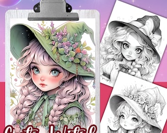 May include: A coloring book page featuring a cute witch with long pink hair wearing a green hat with flowers. The witch is holding a small cat. The page is titled "Cute Witch".