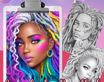 25 Coloring Pages, Afro, Curly, Dreadlock Style, Grayscale, Coloring Book for adults, Coloring Sheets, 8.5x11 Size, Printable, PDF