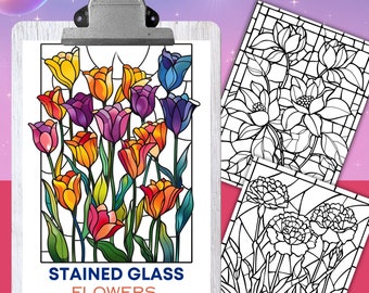 May include: A coloring book page featuring a stained glass design of colorful tulips. The page is titled "Stained Glass Flowers" and is part of a larger coloring book.