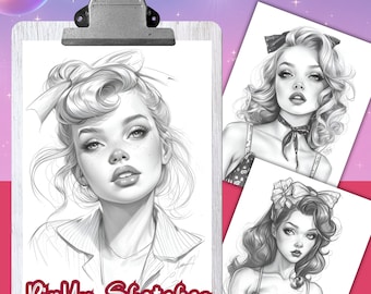 PIN UP Sketches Libro para colorear, 29 páginas para colorear para adultos, hojas para colorear, Tamaño 8.5x11, PDF, Descarga instantánea