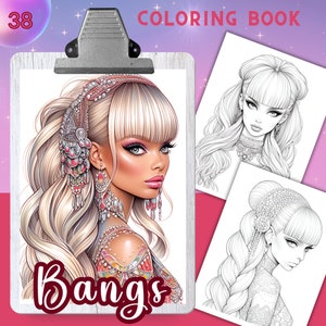 BANGS HAIRSTYLES - 38 Coloring Pages, Coloring book for adults and kids, grayscale coloring sheets, 8.5x11 and A4 Size, PDF