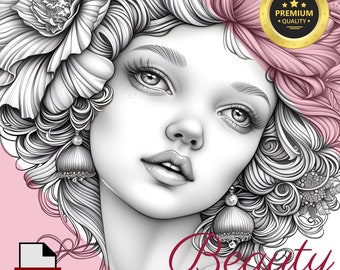 May include: A black and white coloring page featuring a detailed illustration of a woman with flowers in her hair. The woman has a delicate face with large eyes and a soft expression. The text "Beauty Coloring Page" is written below the image.