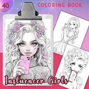INFLUENCER GIRLS, 40 Coloring Pages, Coloring book for adults and kids, grayscale coloring sheets, 8.5x11 and A4 Size, PDF