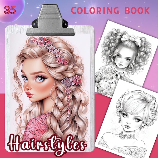 COIFFURES - 35 pages à colorier, Livre de coloriage pour adultes et enfants, feuilles de coloriage en niveaux de gris, format 8,5x11 et A4, PDF, Téléchargement instantané