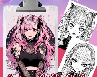 Anime Goth Girls Coloring Book, 60 Coloring pages for adults and kids, coloring sheets, 8.5x11 Size, PDF, Instant Download