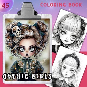 ゴシックガールズ - 45 色の塗り絵、大人と子供向けの塗り絵、グレースケールの塗り絵シート、8.5x11 および A4 サイズ、PDF
