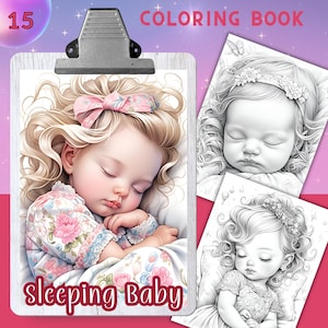May include: A black and white coloring book page featuring a sleeping baby girl with curly hair and a flower crown. The title of the page is "Sleeping Baby".