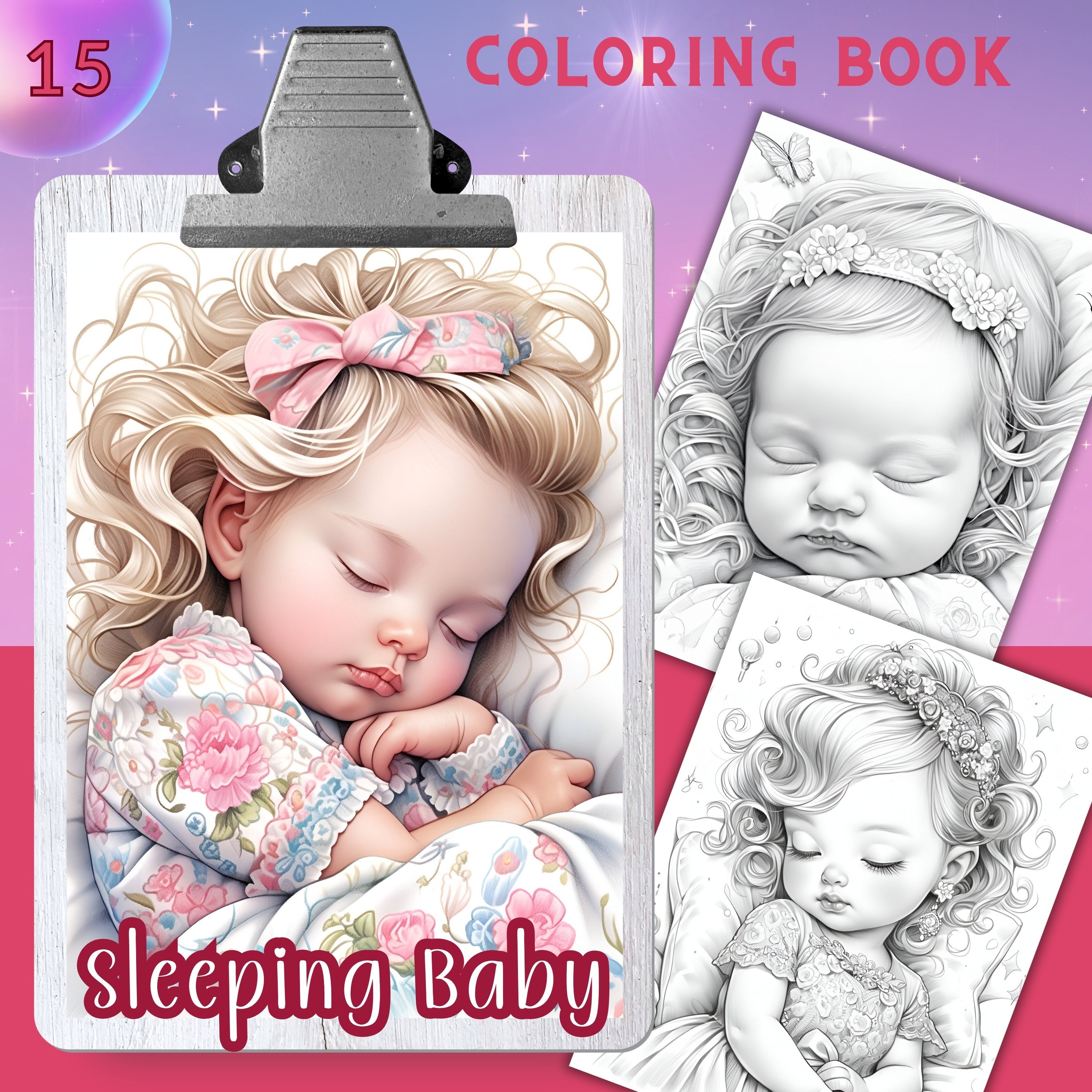 BEBÉ DORMIDO - 15 Páginas para colorear, Libro para colorear para adultos, hojas para colorear en escala de grises, Tamaño 8.5x11 y A4, PDF