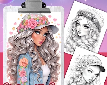 GIRLS with CAP Coloring Book, 25 Coloring pages for adults and kids, coloring sheets, 8.5x11 and A4 Size, PDF, Instant Download