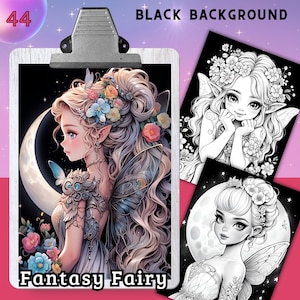 ファンタジー妖精 - 44 色の塗り絵、黒背景、大人と子供向けの塗り絵、妖精の塗り絵シート、8.5x11 および A4 サイズ、PDF