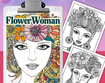 FLOWER WOMAN Coloring Pages, 44 Coloring book for adults and kids, grayscale coloring sheets, 8.5x11 Size, PDF, Instant Download