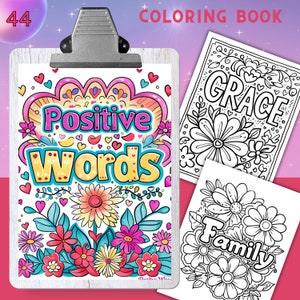 44 páginas para colorir, palavras positivas, livro de colorir para adultos, palavras inspiradoras, folhas para colorir, tamanho 8,5 x 11, PDF, download instantâneo