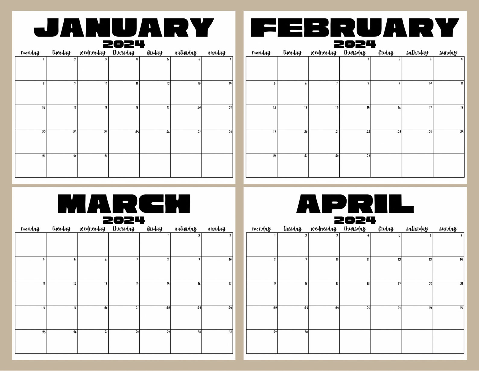 2024 Calendar 2024 Monthly Planner Landscape Simple and Minimalistic ...