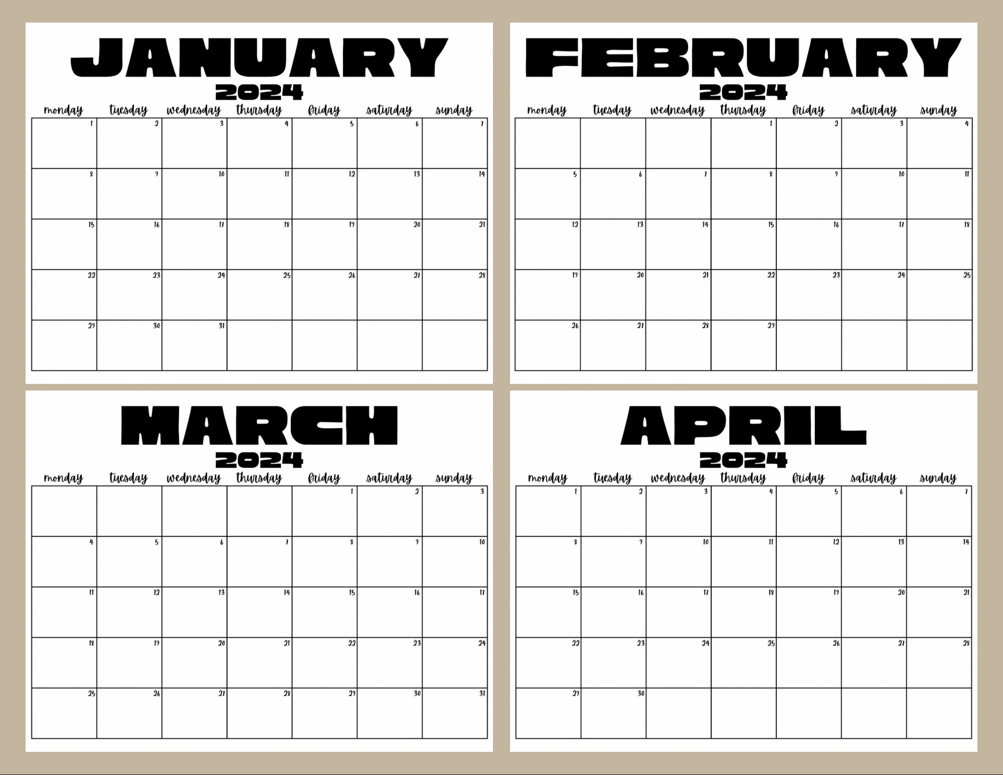 2024 Calendar 2024 Monthly Planner Landscape Simple and Minimalistic ...