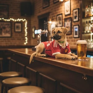 Pode incluir: Um cão castanho claro vestindo uma camisa de futebol vermelha e branca descansa em um balcão de madeira. Uma caneca de cerveja está ao lado do cão. O bar fica em um pub com fotos emolduradas em uma parede de tijolos.