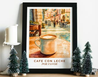 Café con Leche Por Favor (Caffè con latte, per favore) - Poster/Stampa da parete con effetto acquerello spagnolo. Disponibile anche come download digitale.