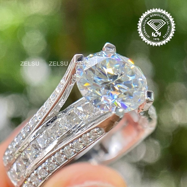 2 CT Round Cut Lab Grown Diamond Ring, Three Row Wide Band with Princess Channel Set, Elegant Engagement Ring, Wedding Band, Bridal Jewelry