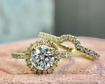 Halo Lab Grown Diamond Bridal Set: Round Cut Engagement Ring