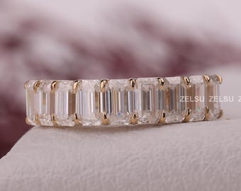 Handmade 1.2 CT Emerald Cut Lab Grown Diamond Yellow Gold Eternity Band