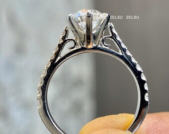 Handmade 1.0CT Lab Grown Diamond Ring: 10K White Gold Art Deco Engagement Ring