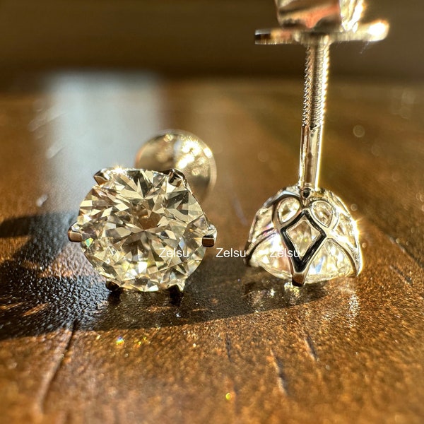 0.25 to 2.00 CT Round Lab Grown Diamond Studs, 6 Prong Earrings, EF/VS Lab Diamond Wedding Earrings, Floral Basket Setting, Anniversary Gift