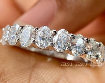Oval Cut Lab Grown Diamond Wedding Band, CVD Diamond Half Eternity Band, 14K Solid Gold Engagement Band, Hand Made Diamond Anniversary Band