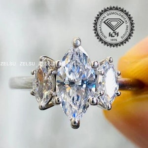3 Stone Lab Made Diamond Marquise Cut Bridal Ring, F/VS1 Eco Friendly Diamond Womens Anniversary Ring, Lab Grown Diamond 14K Engagement Ring