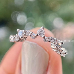 Curved Diamond Wedding Band, Thin Lab Grown Diamond Band for Women, Elegant Bridal Ring, Custom Stacking Band in White Gold