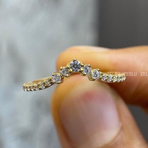 14k Gold Minimalist Diamond Curved Wedding Band, Womens Dainty Stacking Ring, Thin Nesting Lab Grown Diamond Ring, Solid Gold Matching Ring