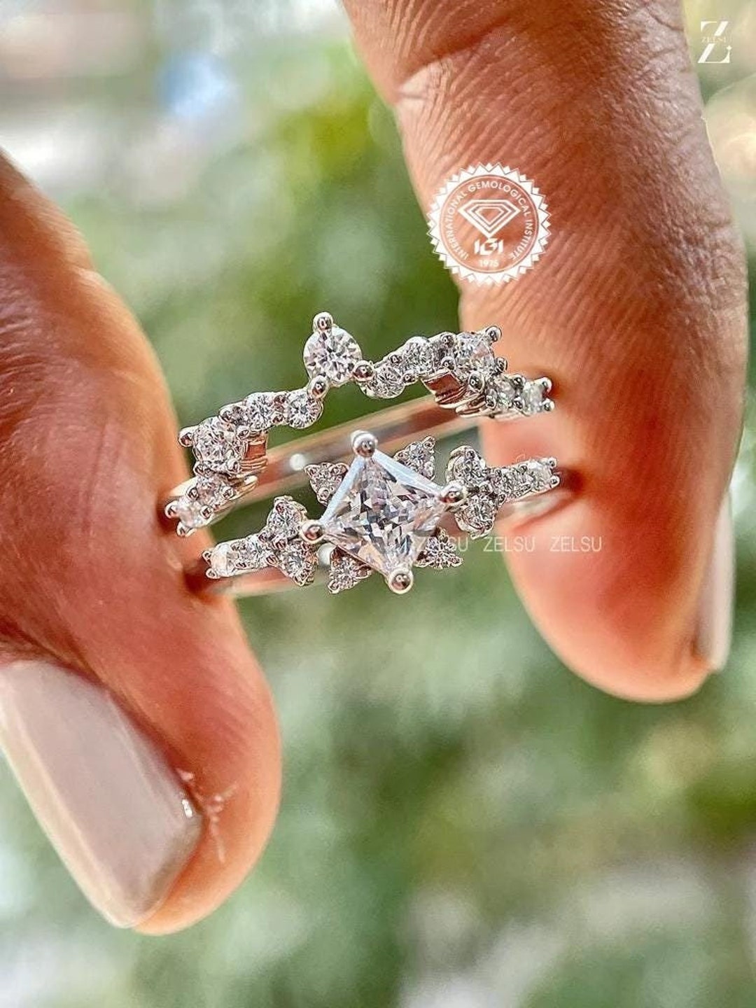 Handmade Princess Cut Lab Grown Diamond Engagement Ring Set - Etsy
