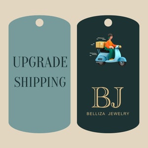 May include: Two teal-colored tags. One tag reads "UPGRADE SHIPPING". The other tag features a person on a light blue scooter delivering a package. The logo "BJ BELLIZA JEWELRY" is below the scooter.