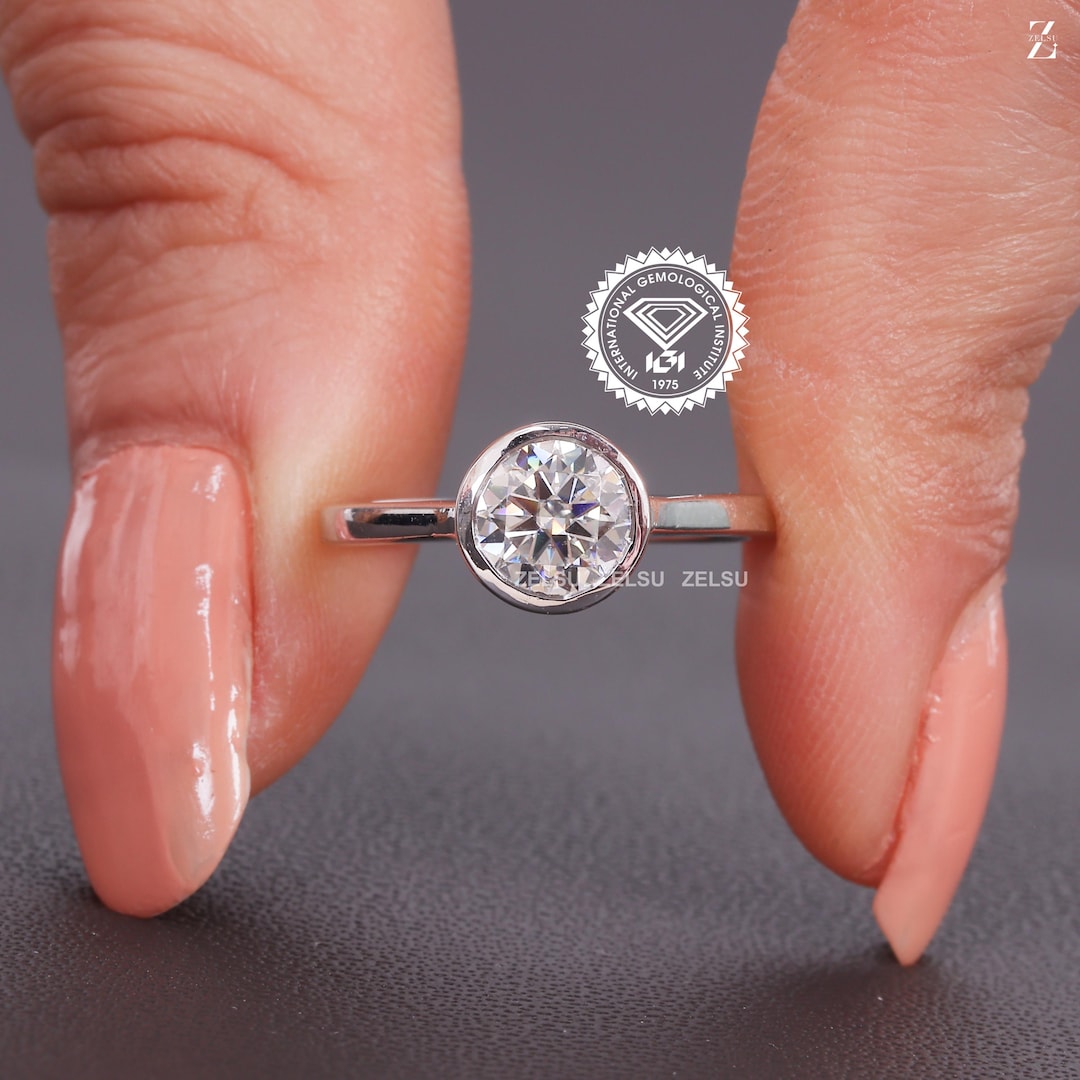 Handmade Lab Grown Diamond Solitaire Ring: Bezel Set Engagement, E/VS