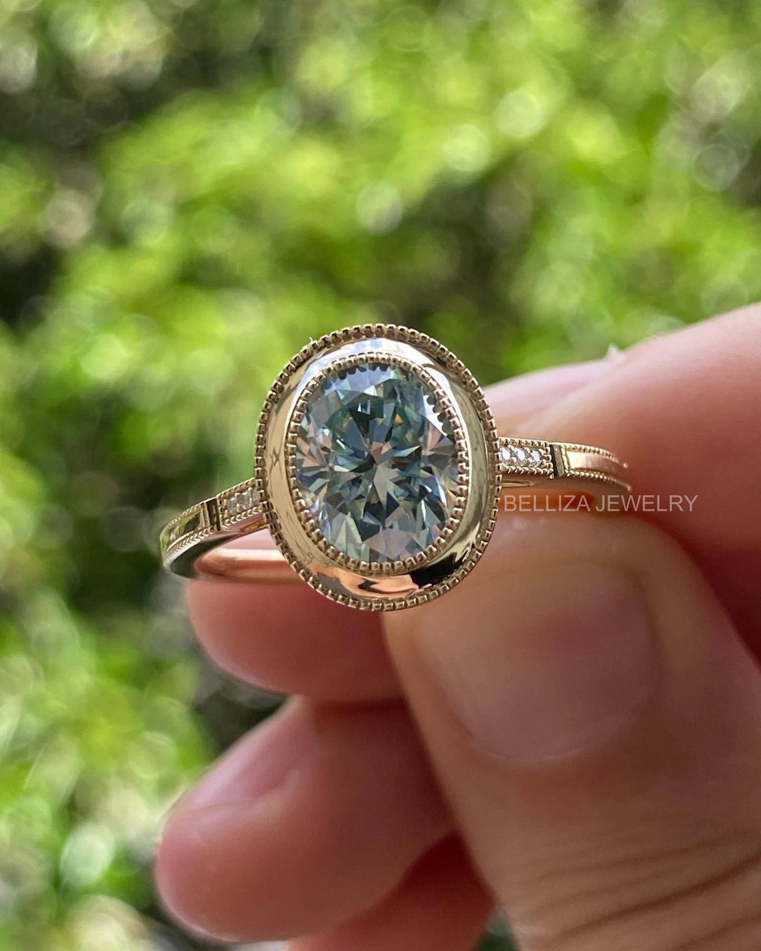 2 CT Oval Moissanite Engagement Ring Oval Blue Wedding Ring Etsy