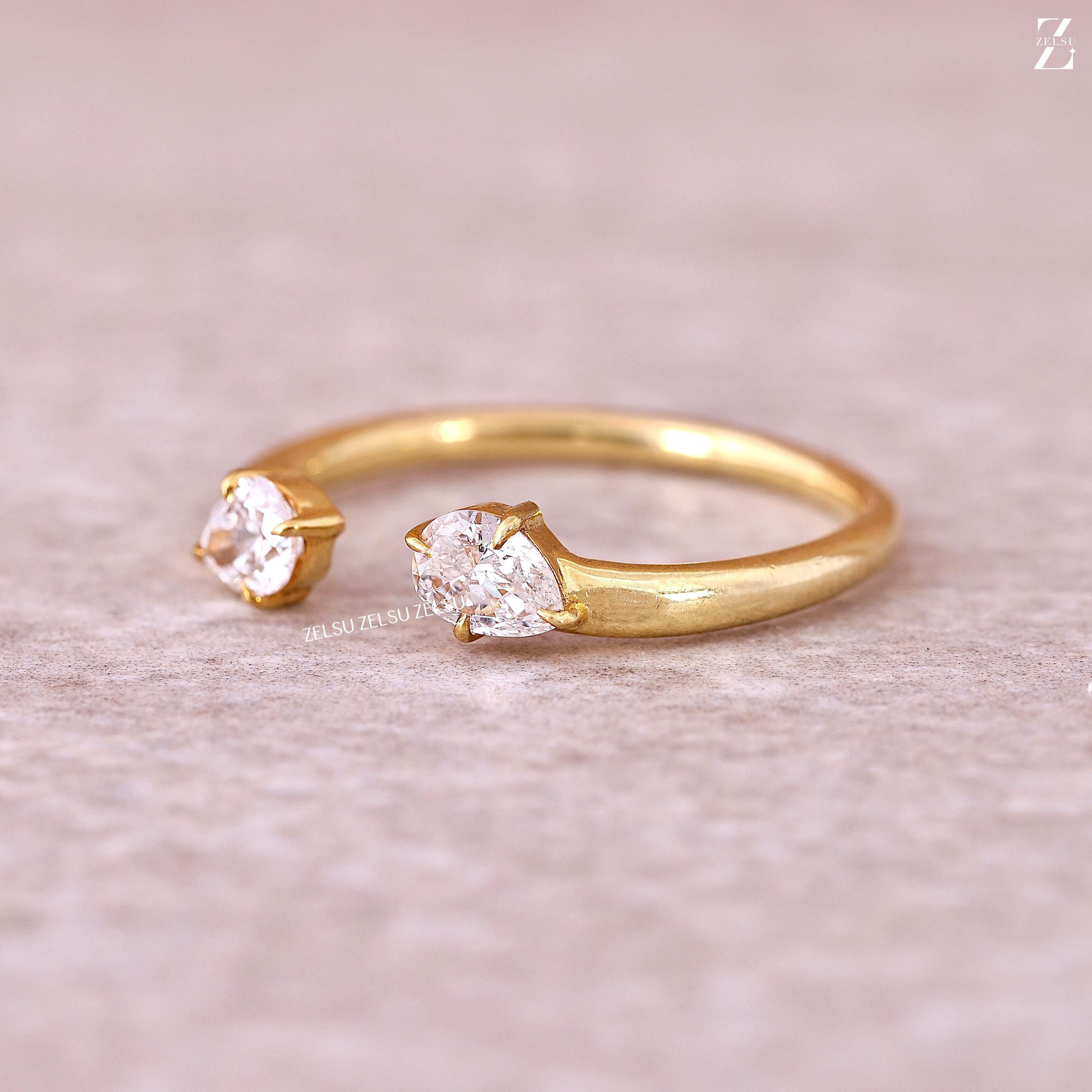 Pear Shaped Diamond Open Wedding Ring, 14k Gold Pear Open Cuff Ring Pear Shaped Diamond Open Wedding Ring, 14k Gold Pear Open Cuff Ring