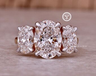 Oval Three Stone Engagement Ring, 2.50 TCW Oval Cut Lab Grown Diamond Ring, Two Tone 14k Gold Wedding Ring for Women Trilogy Ring for Her